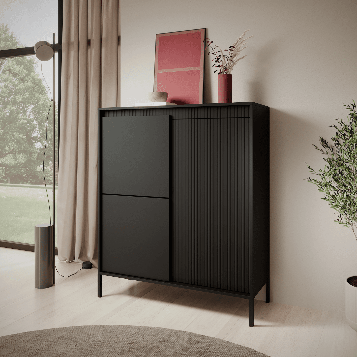 Komoda czarna Nelio trzydrzwiowa, wysoka z czarnym stelażem - zdjęcie 2