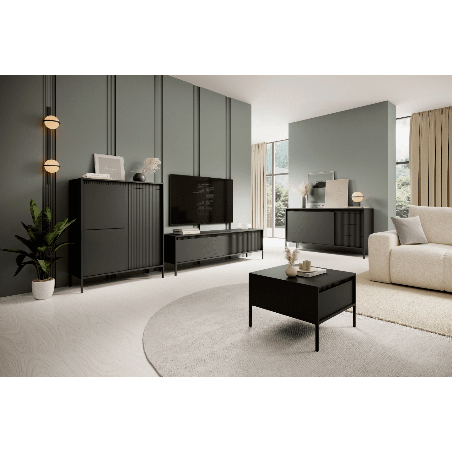 Komoda czarna Nelio trzydrzwiowa, wysoka z czarnym stelażem