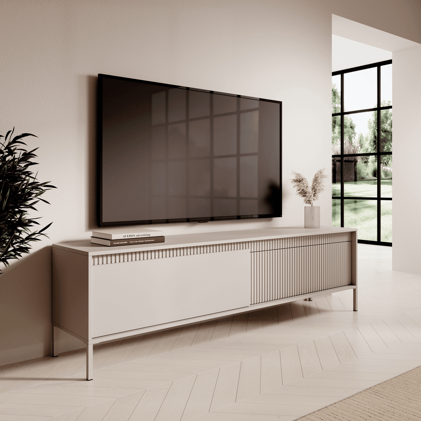 Stylowa Szafka RTV do salonu beżowa Nelio z ryflowanymi frontami - zdjęcie 2