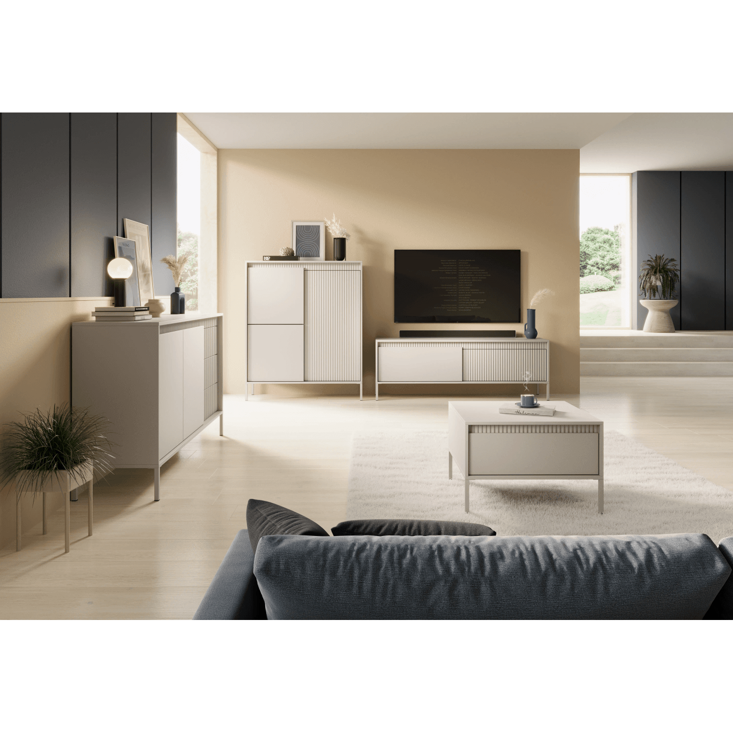 Szafka RTV Beżowa Nelio pod telewizor z ryflowanymi frontami