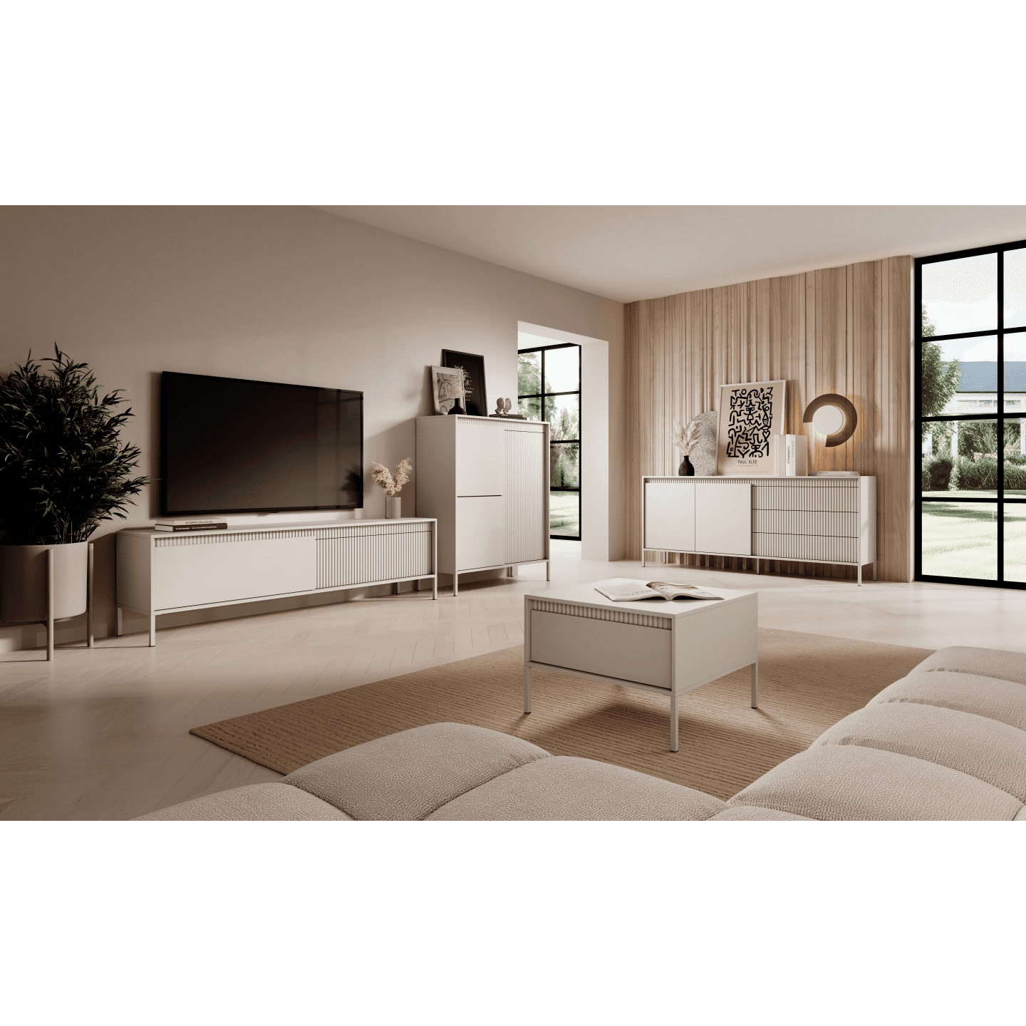 Szafka RTV Beżowa Nelio pod telewizor z ryflowanymi frontami