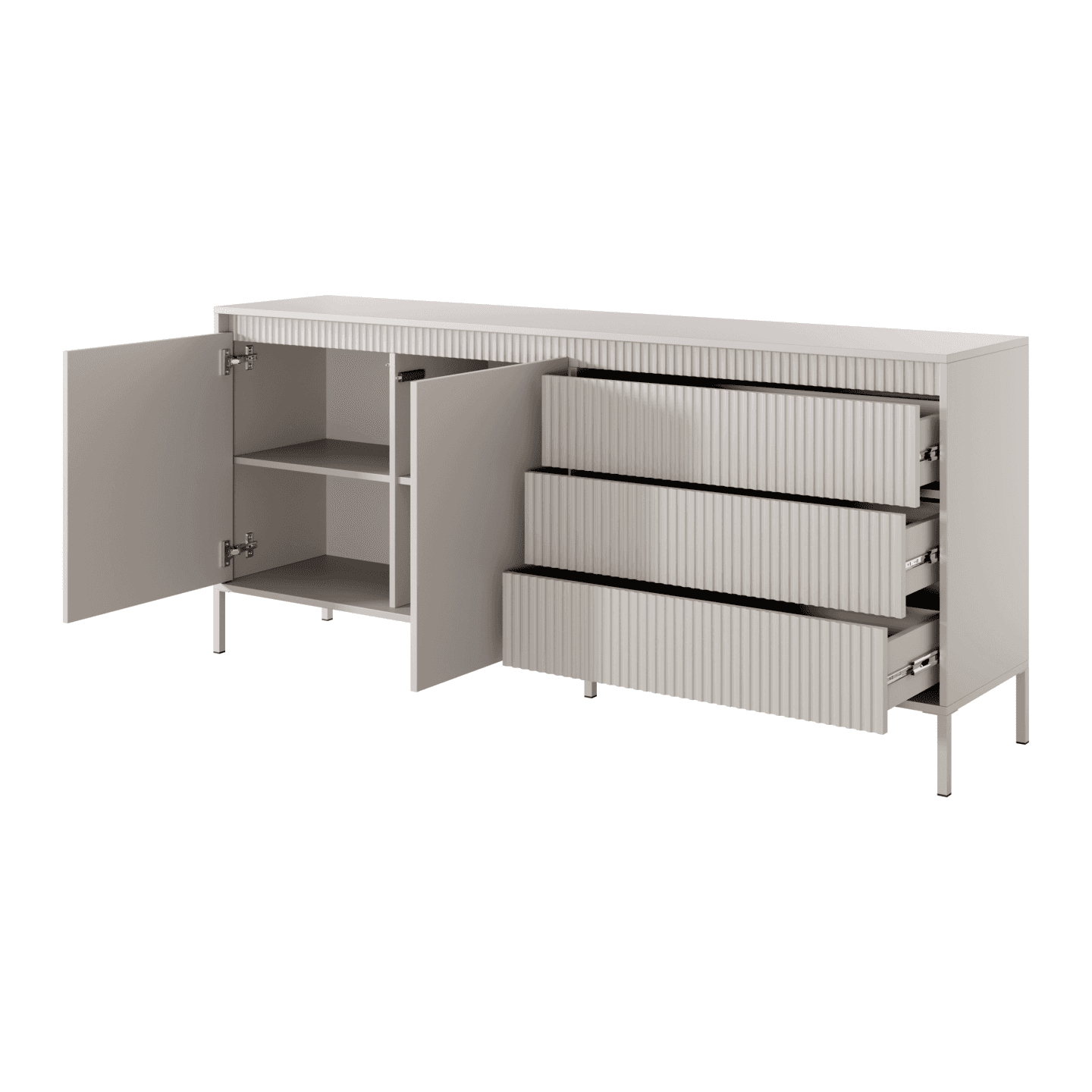 Szeroka Komoda Beżowa z szufladami Nelio, Ryflowane Fronty