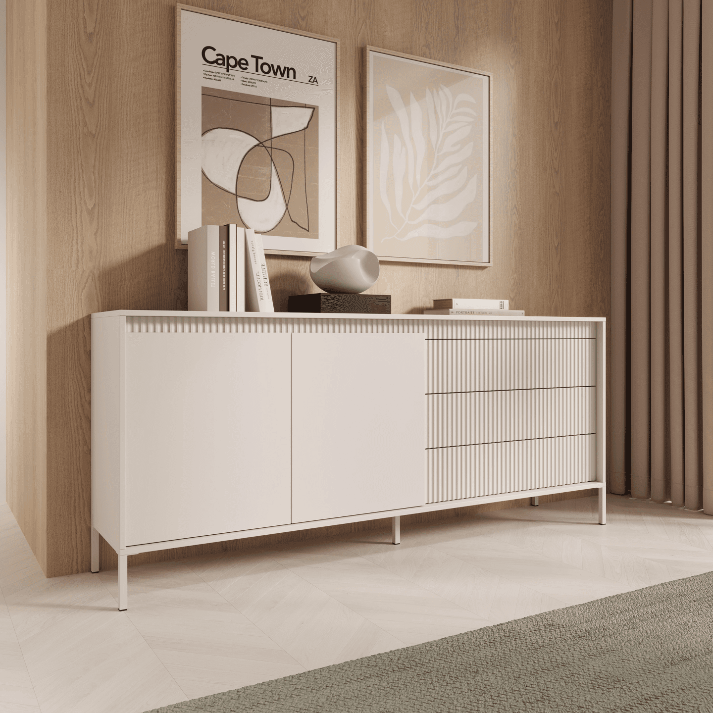 Szeroka Komoda Beżowa z szufladami Nelio, Ryflowane Fronty - zdjęcie 2