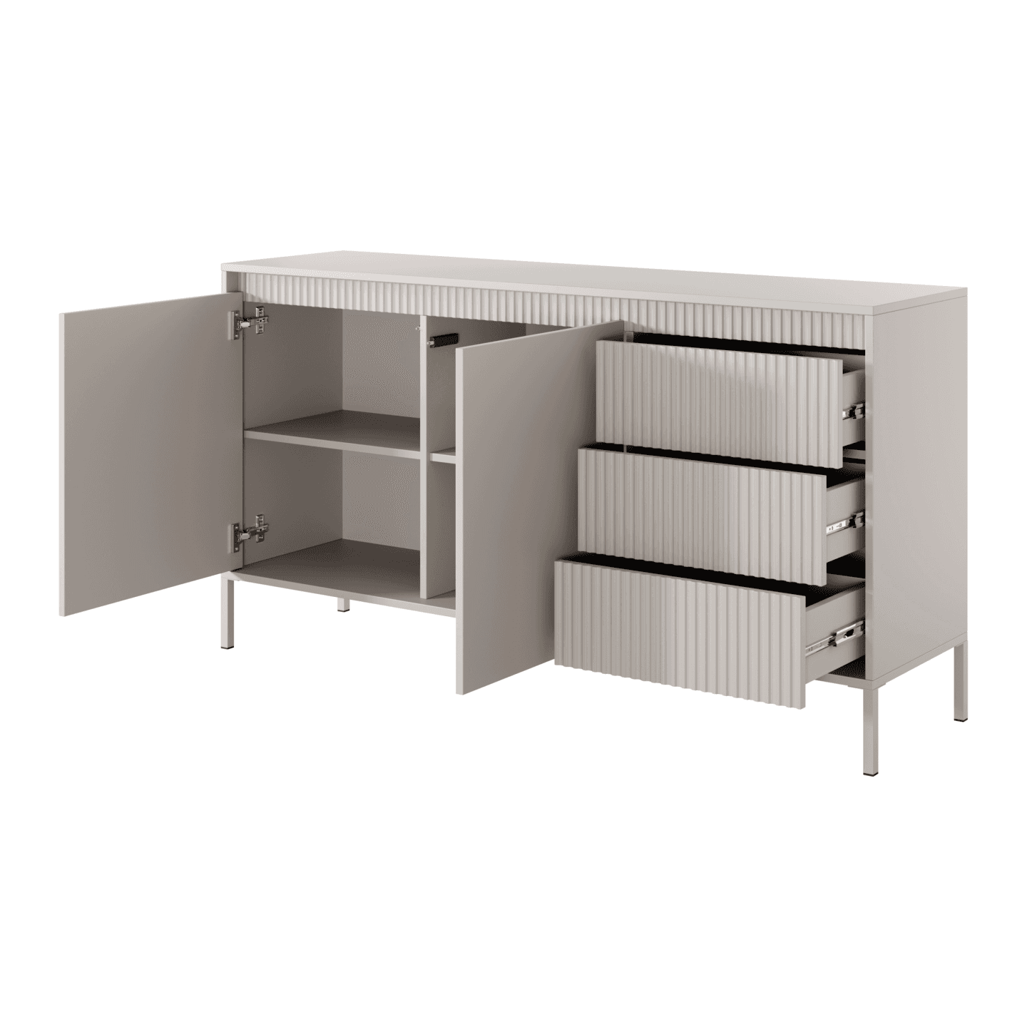 Nowoczesna Komoda z szufladami Nelio beżowa, ryflowane fronty