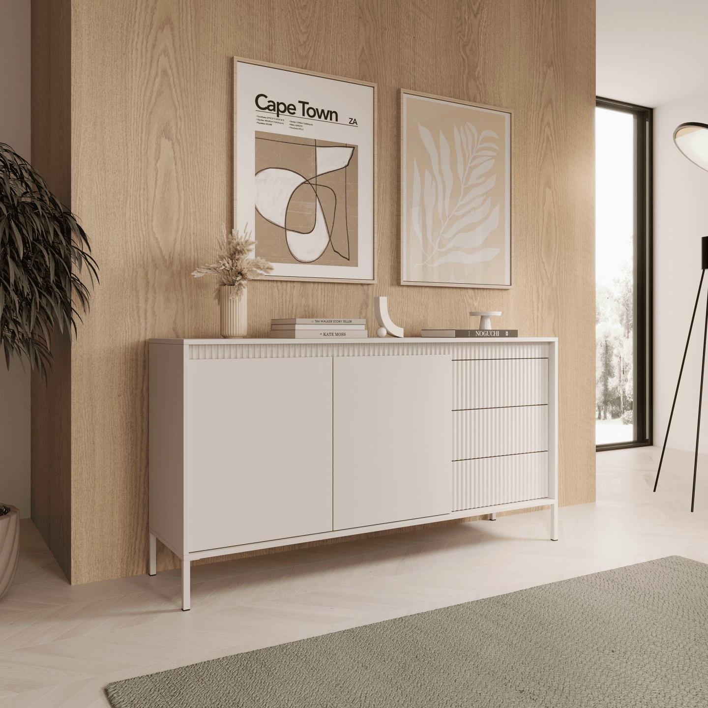 Nowoczesna Komoda z szufladami Nelio beżowa, ryflowane fronty - zdjęcie 2