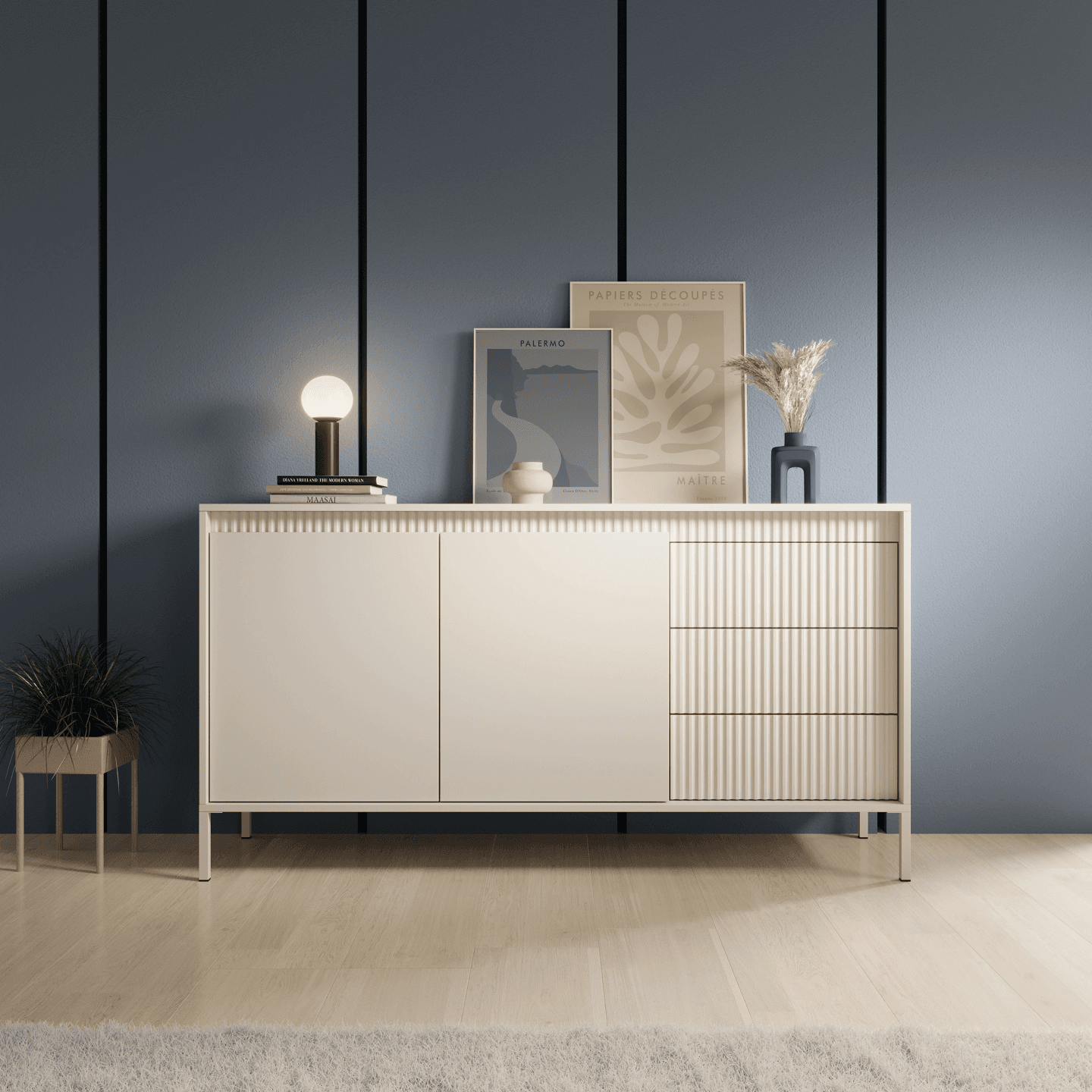 Nowoczesna Komoda z szufladami Nelio beżowa, ryflowane fronty