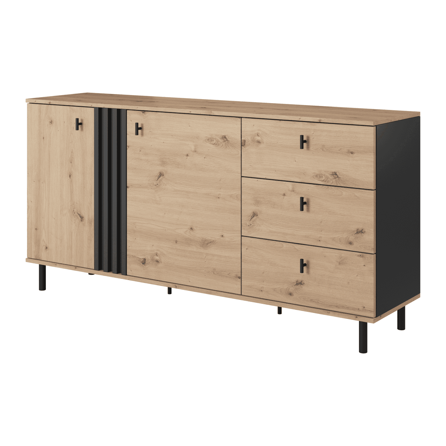 Komoda Ligno z szufladami LAMELE, Dąb artisan + czarny antracyt