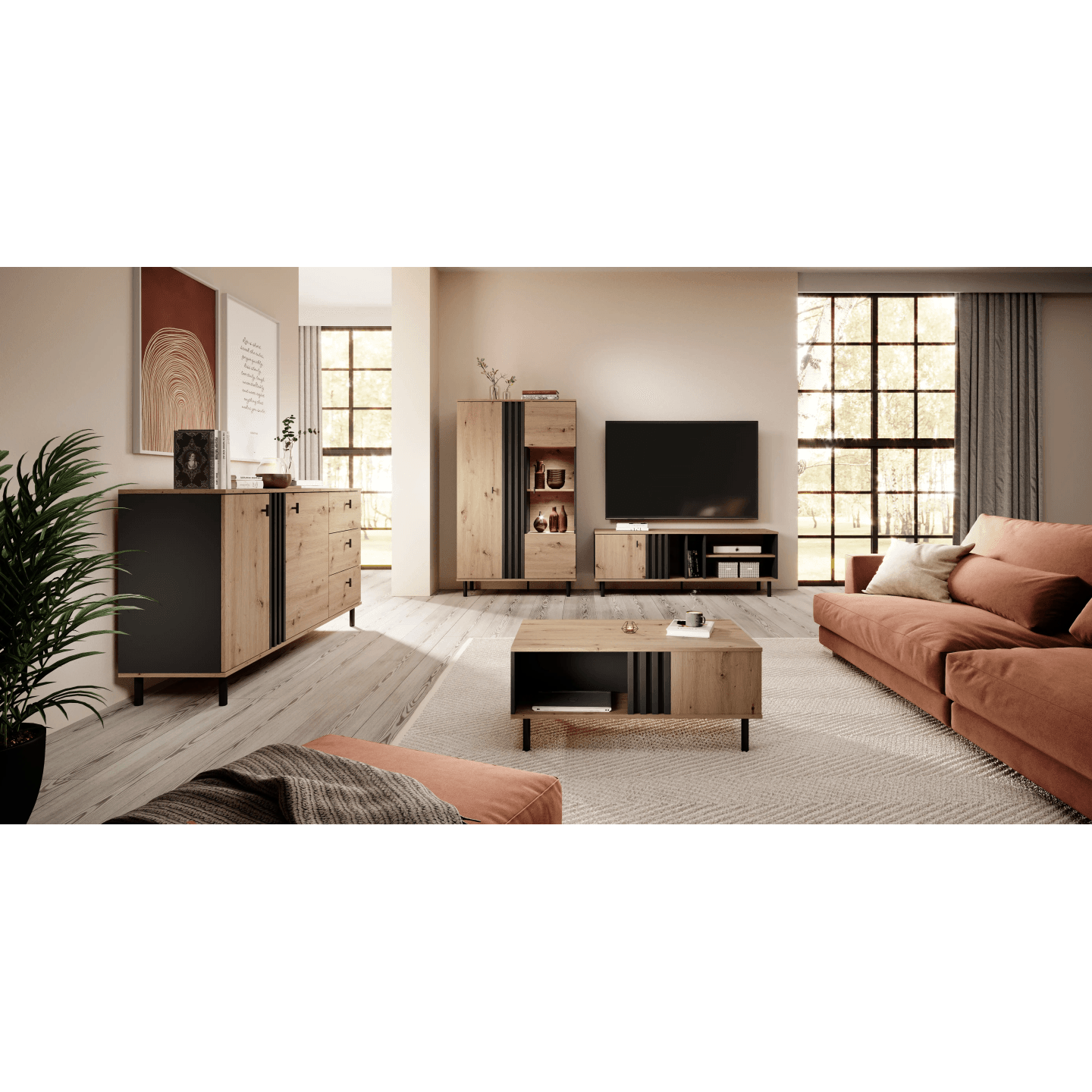 Szafka RTV LAMELE Ligno w kolorze Dąb artisan + czarny antracyt 165 cm