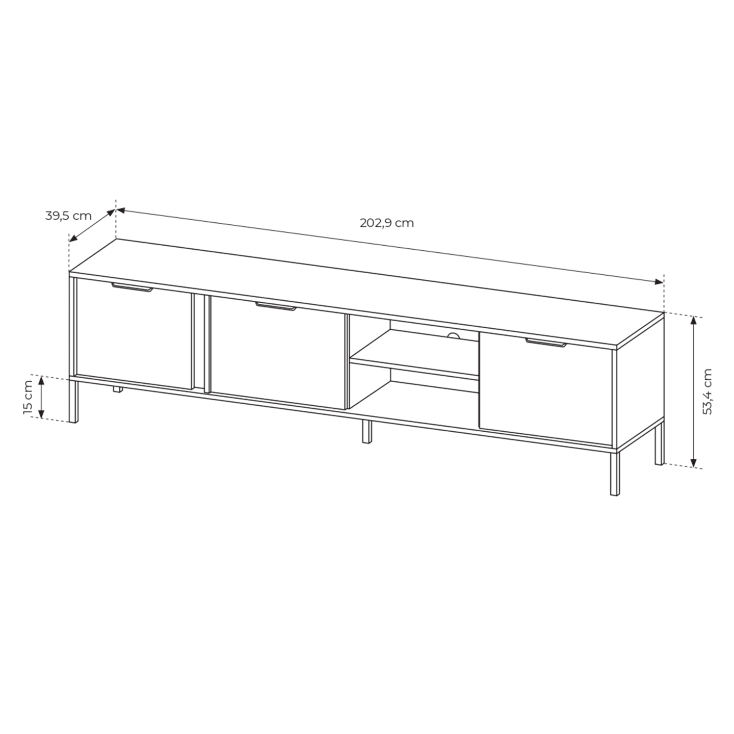 Szafka RTV szeroka Muri w kolorze antracyt ze złotymi uchwytami