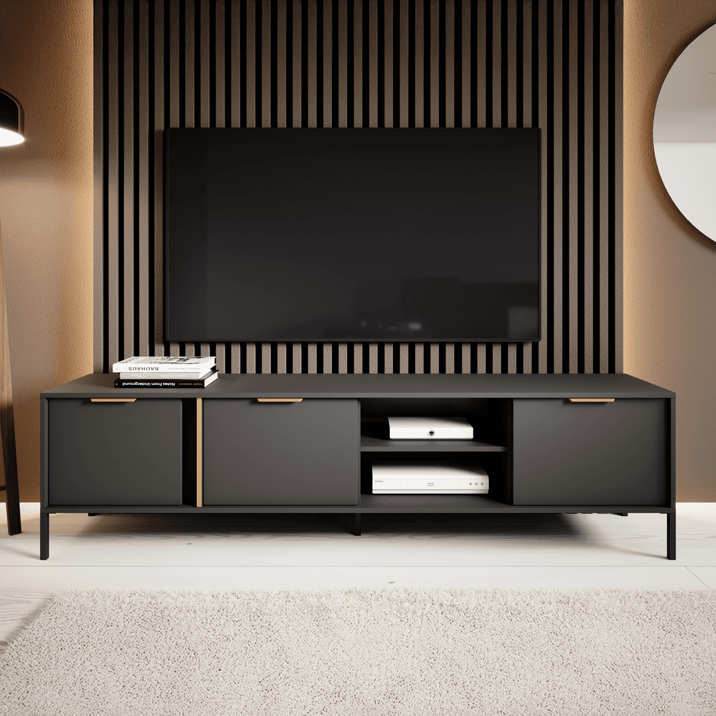 Szafka RTV szeroka Muri w kolorze antracyt ze złotymi uchwytami - zdjęcie 2