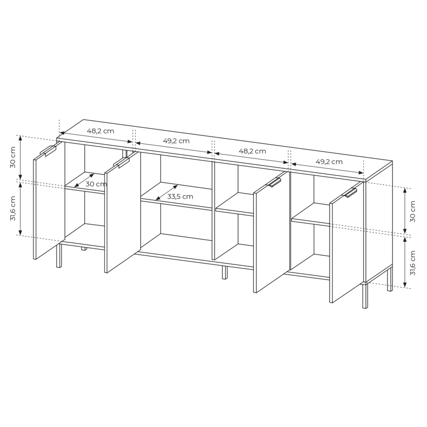 Szeroka Komoda Muri Antracyt ze złotymi uchwytami, duża czterodrzwiowa