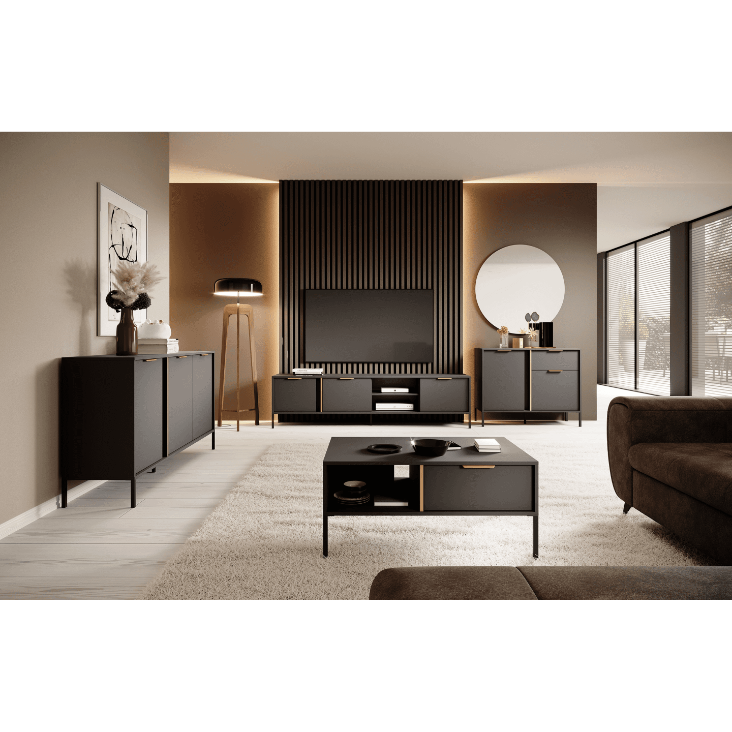 Nowoczesna Komoda Muri w kolorze Antracyt ze złotymi uchwytami