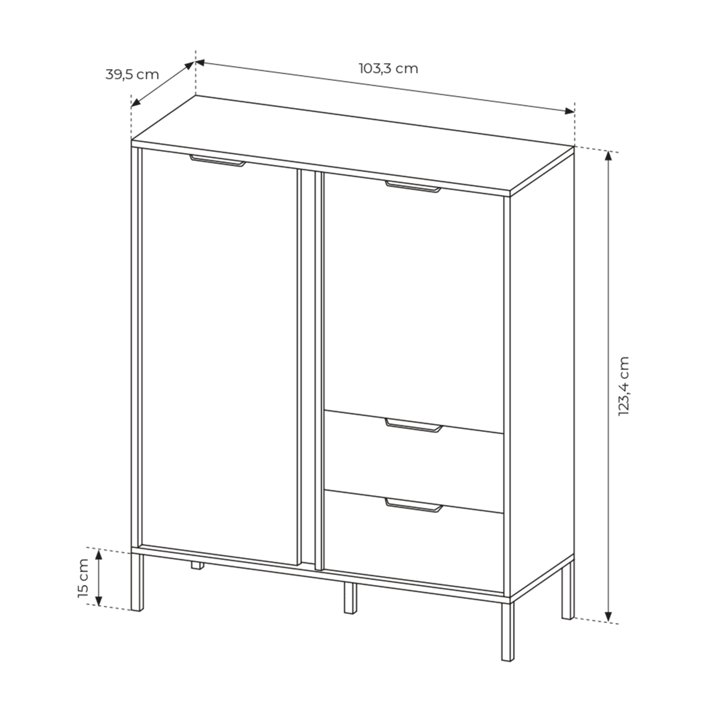 Wysoka Komoda Muri w kolorze Antracyt ze złotymi uchwytami