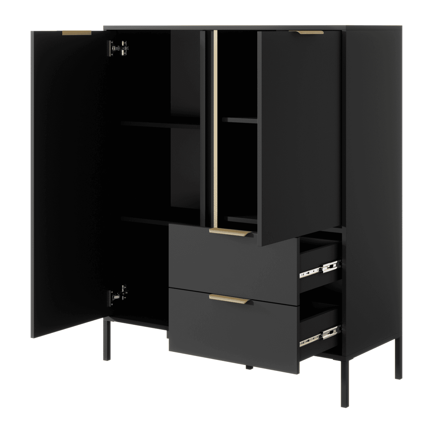 Wysoka Komoda Muri w kolorze Antracyt ze złotymi uchwytami