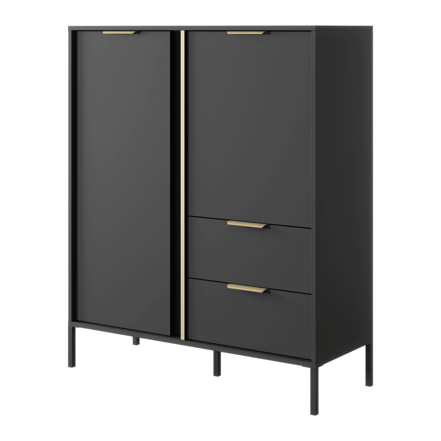 Wysoka Komoda Muri w kolorze Antracyt ze złotymi uchwytami