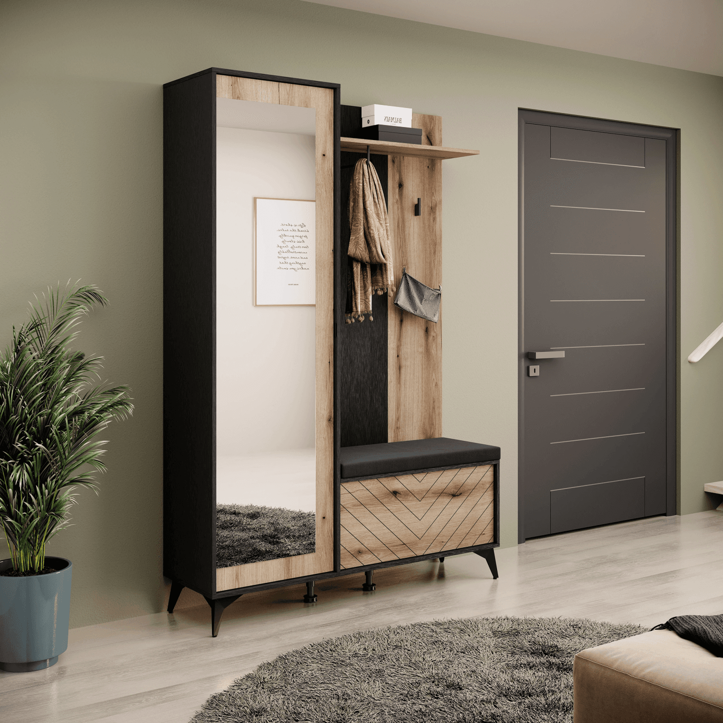 Garderoba Astrid 134 cm z lustrem czarna dąb evoke