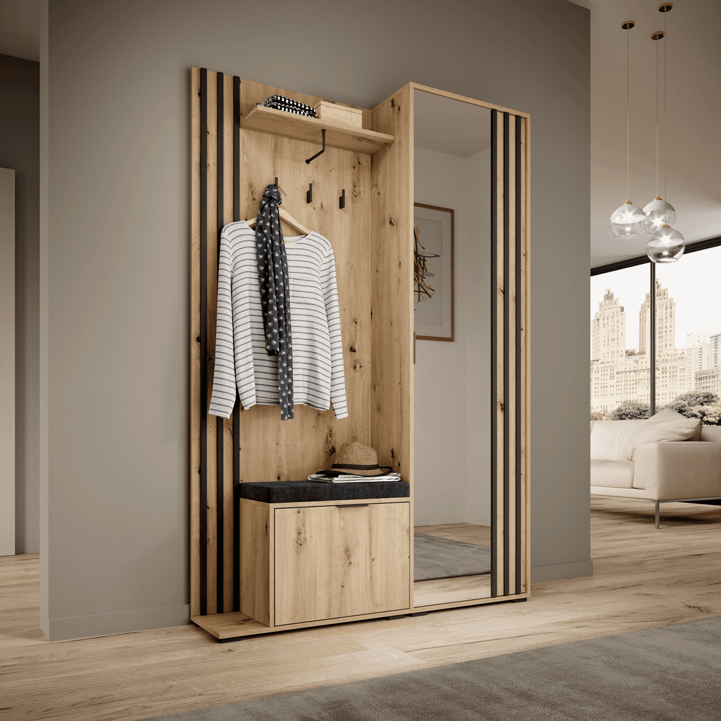 Garderoba Bella 131 cm z lustrem dąb artisan