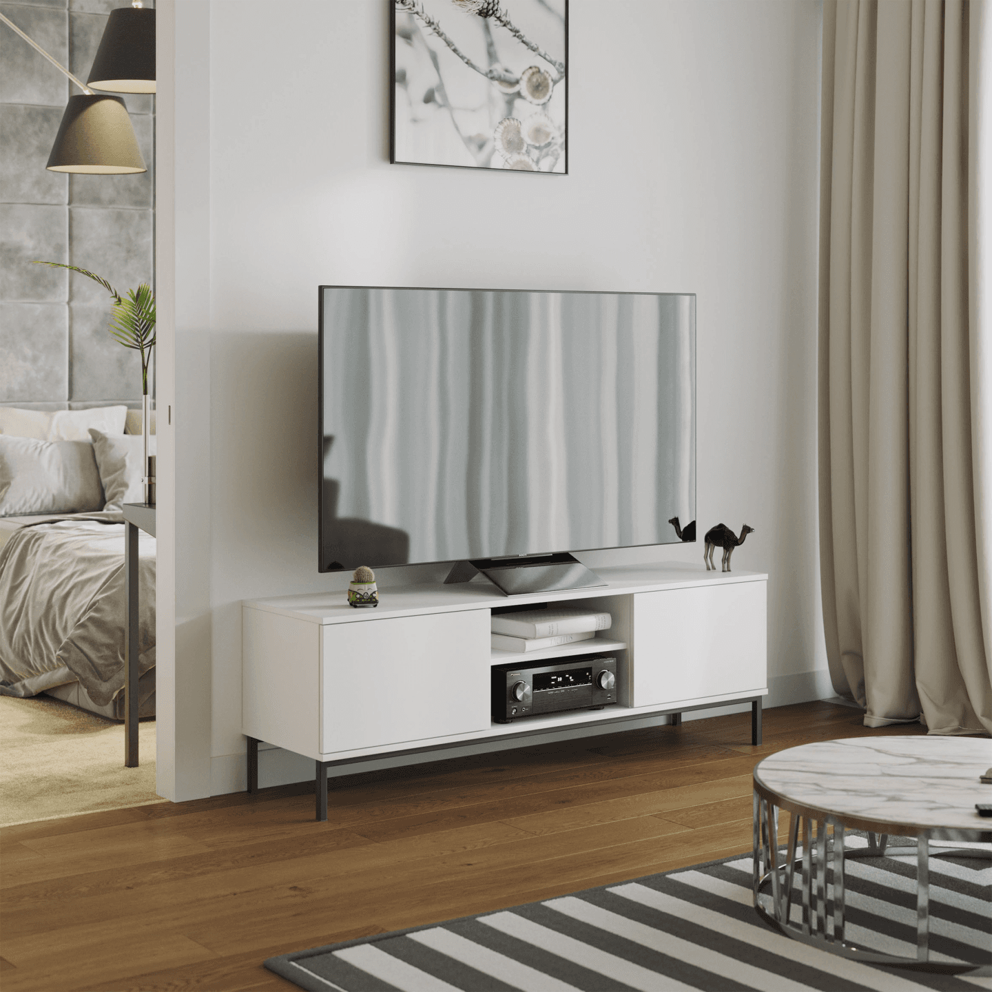 Szafka RTV Amber 150 cm Biała + czarny stelaż - zdjęcie 2