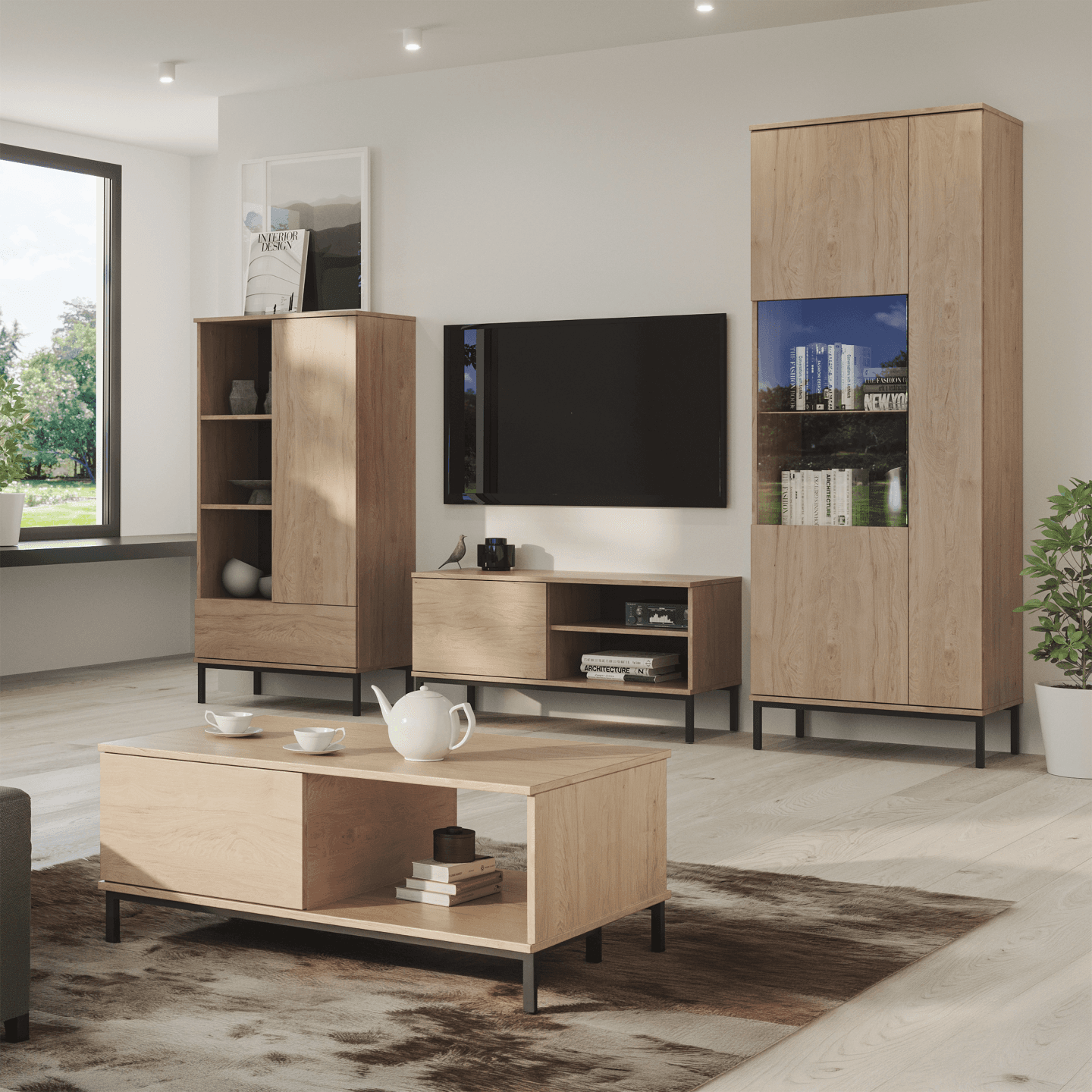 Szafka RTV Amber 150 cm Dąb hikora + czarny stelaż