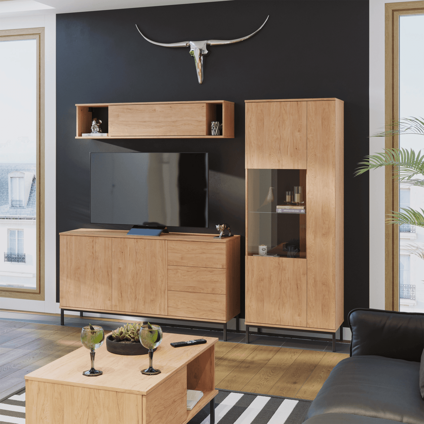 Stolik kawowy Amber 100 cm Dąb hikora + czarny stelaż