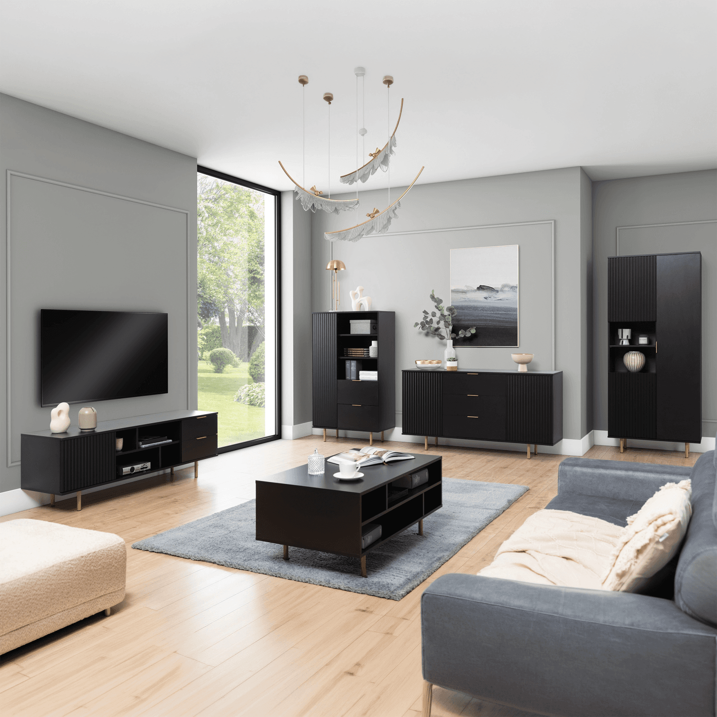 Szafka RTV Belio 150 cm Czarna + złote nogi