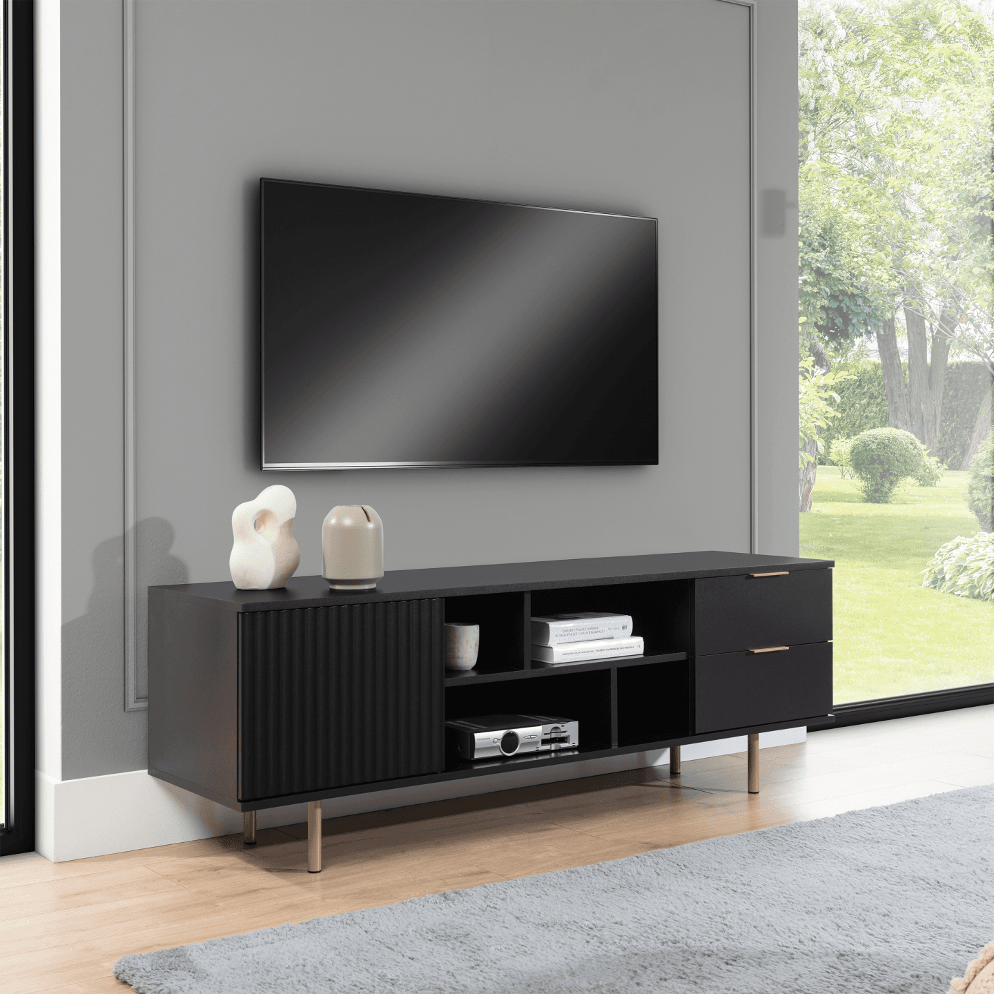 Szafka RTV Belio 150 cm Czarna + złote nogi - zdjęcie 2