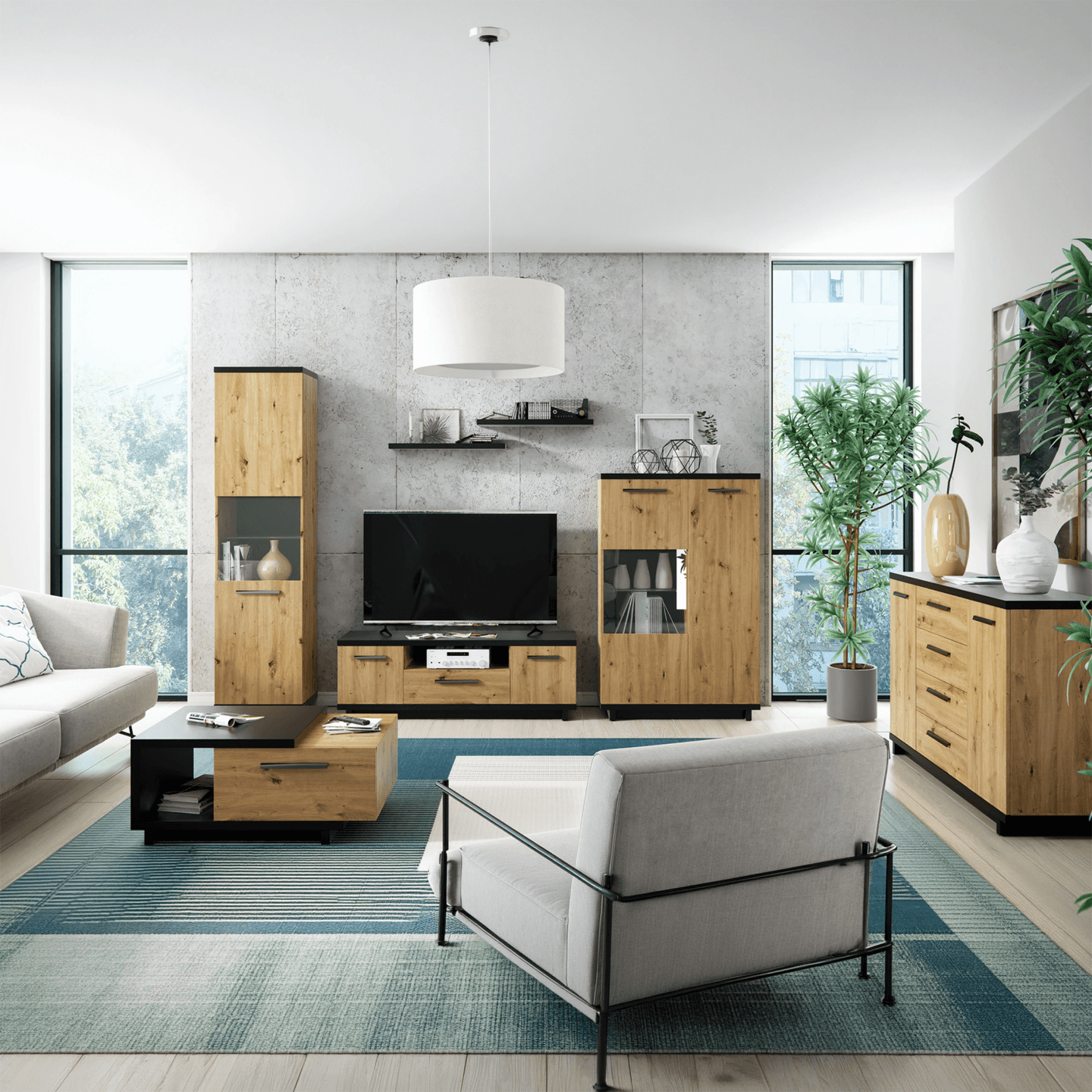 Wysoka witryna Vilo 50 cm Dąb artisan + czarny mat