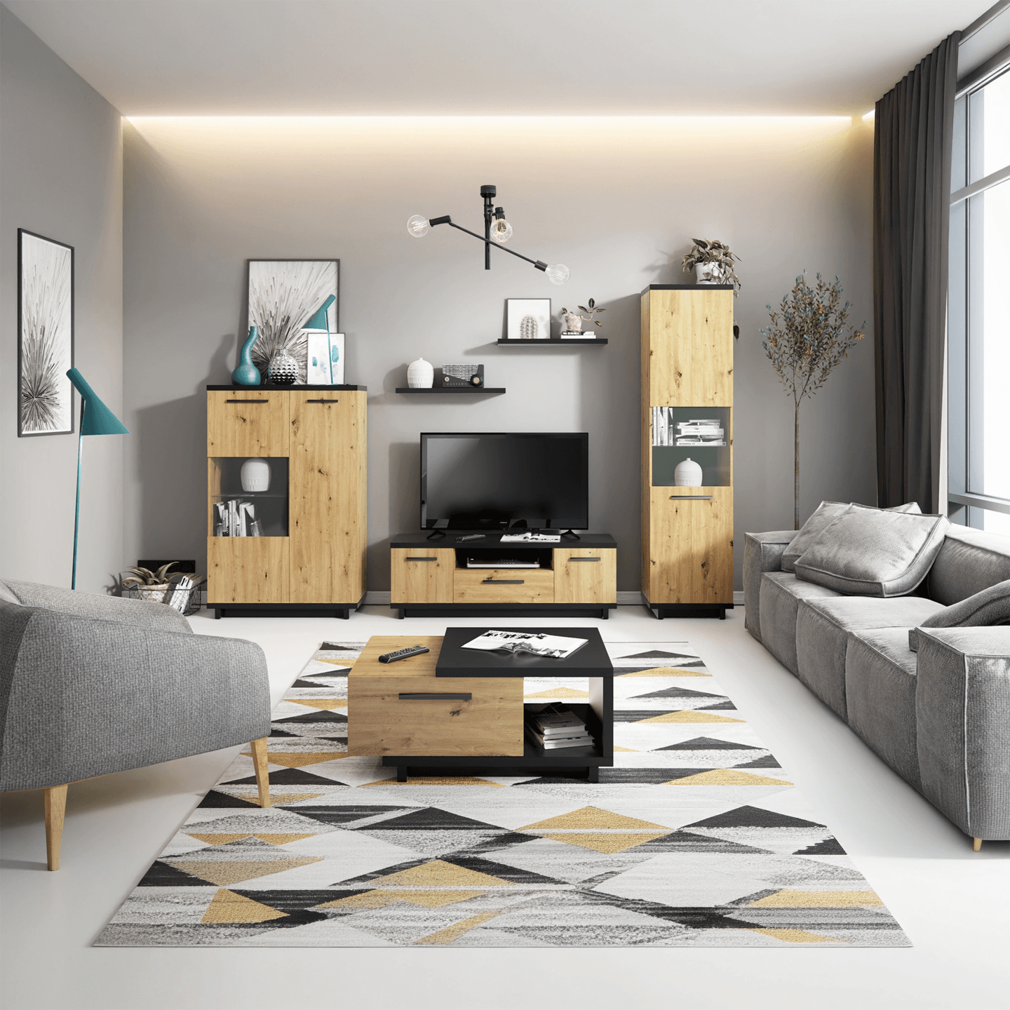 Szafka RTV Vilo 135 cm Dąb artisan + czarny mat