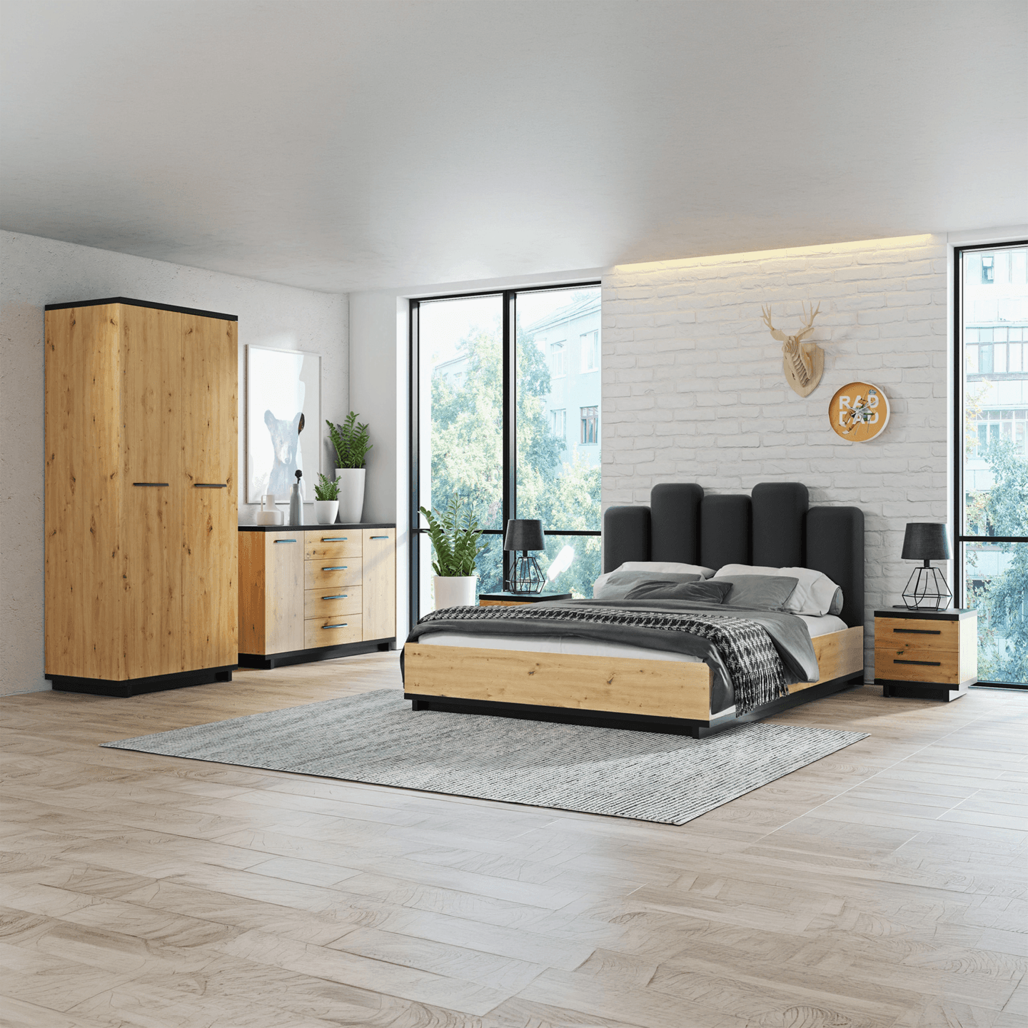 Łóżko Vilo 160x200 cm Dąb artisan + czarny Mat