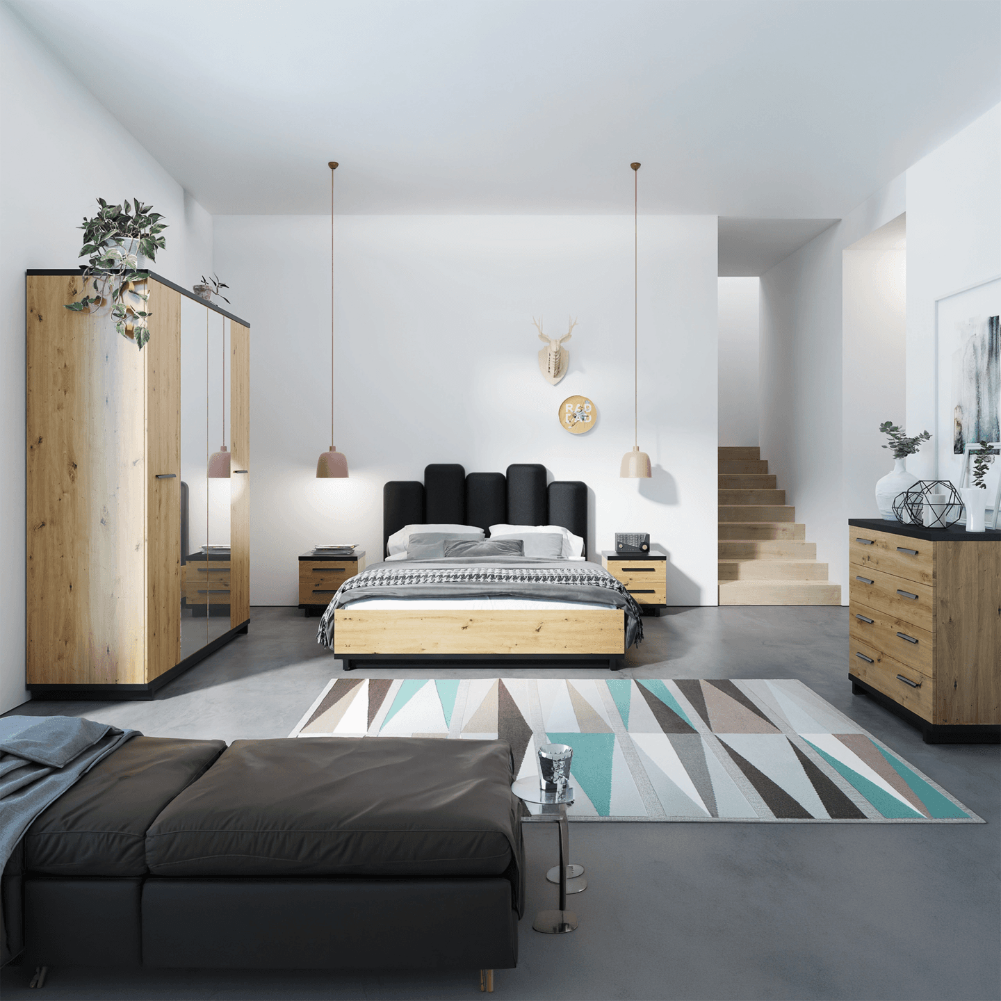 Łóżko Vilo 160x200 cm Dąb artisan + czarny Mat