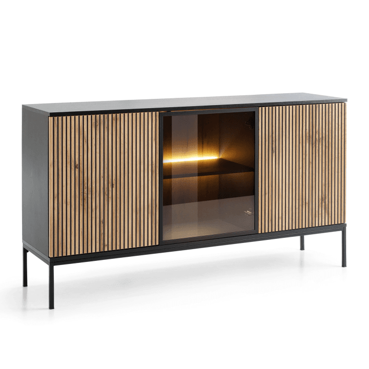 Komoda przeszklona Royal 154 cm Czarna Dąb Wotan z oświetleniem LED