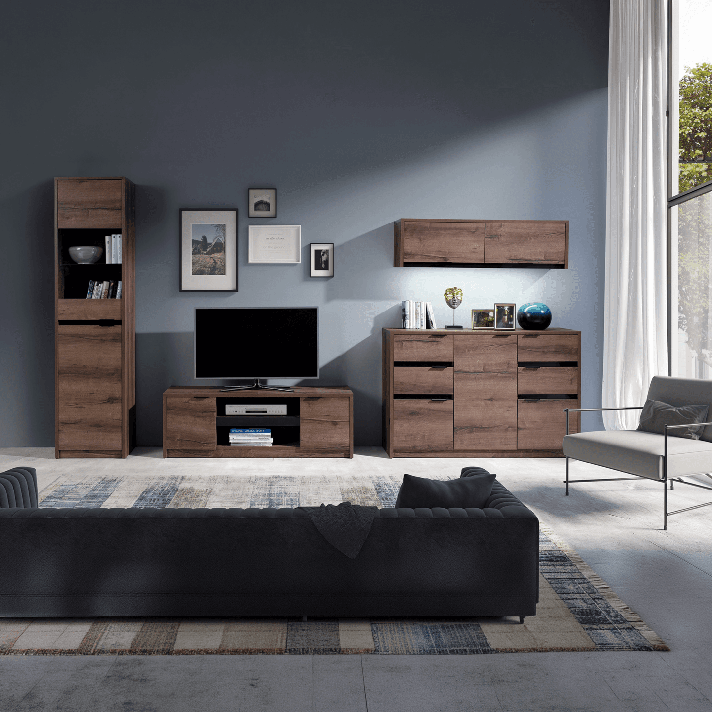 Wysoka witryna Woody 200 cm Dąb Monastery + czarny połysk