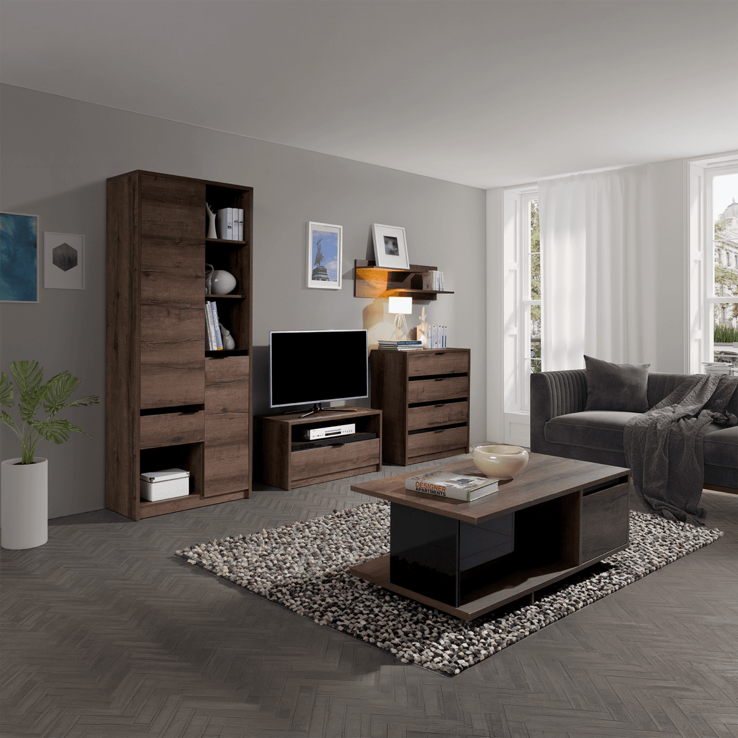 Szafka RTV Woody 90 cm Dąb Monastery + czarny połysk - zdjęcie 2