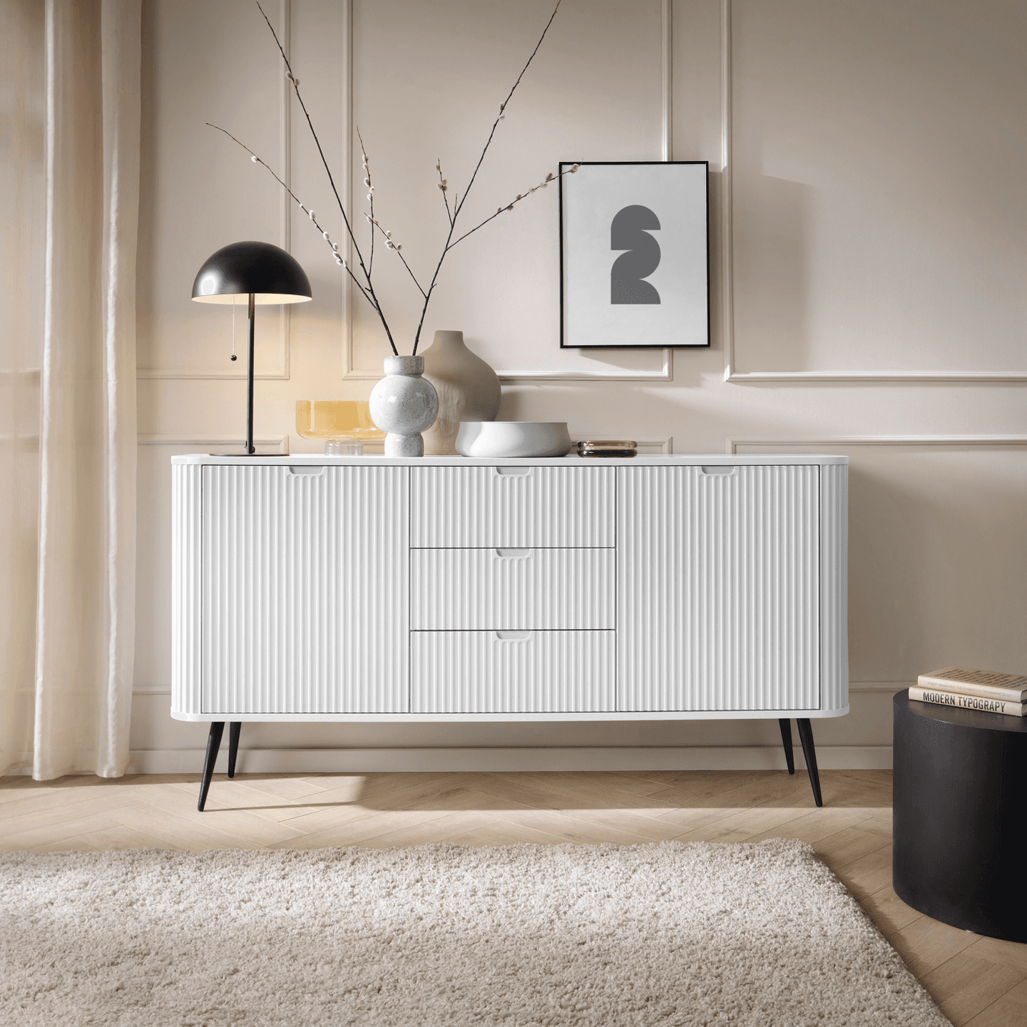 Komoda Nole 168 cm biała + czarne nogi