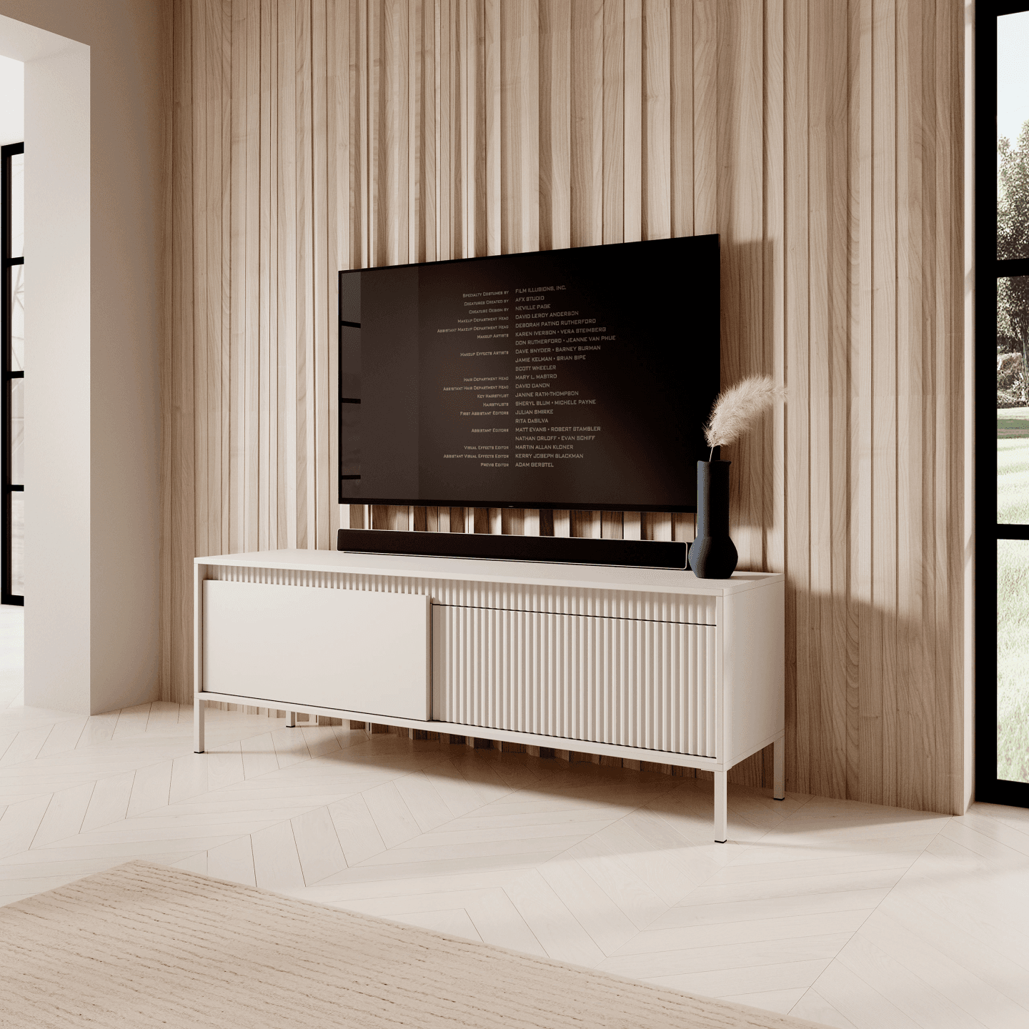 Szafka RTV Beżowa Nelio pod telewizor z ryflowanymi frontami - zdjęcie 2