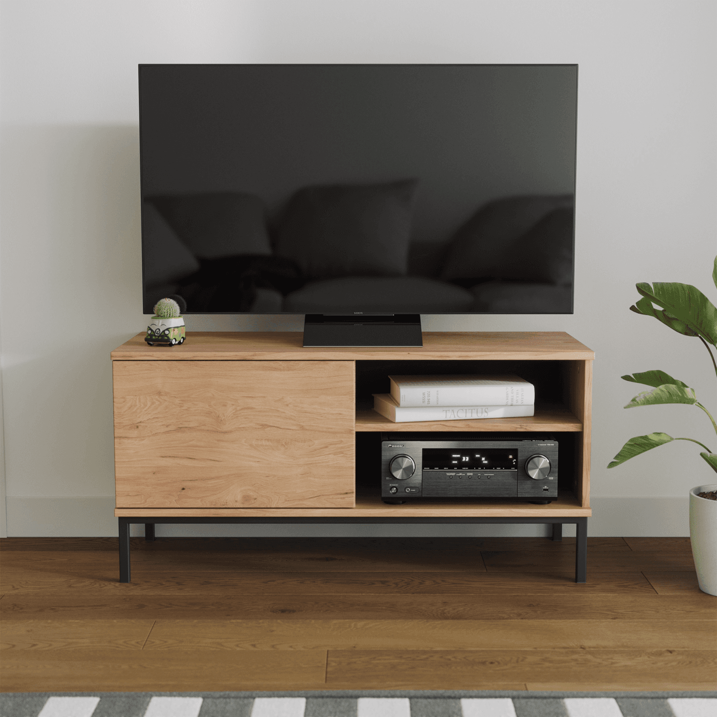 Szafka RTV Amber 101 cm Dąb hikora + czarny stelaż - zdjęcie 2