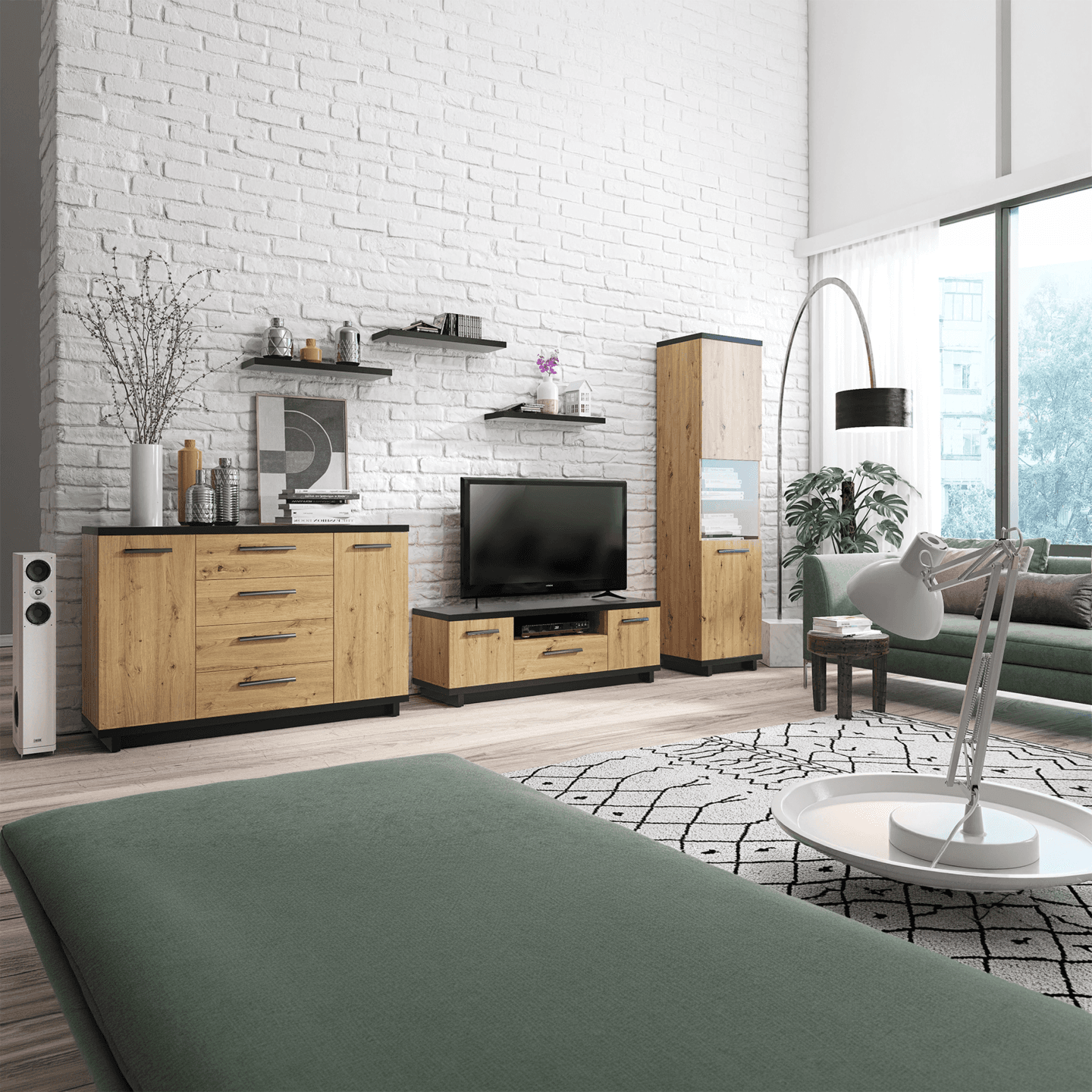 Szafka RTV Vilo 135 cm Dąb artisan + czarny mat - zdjęcie 2